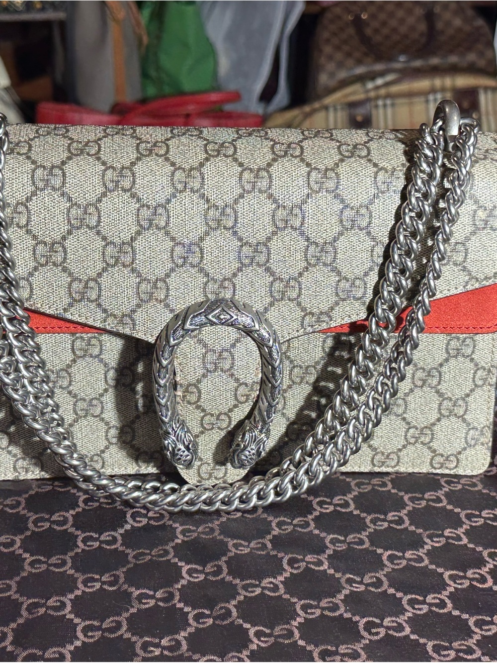 Gucci  Monogram Shoulder Bag with Red Trim and Silver Hardware